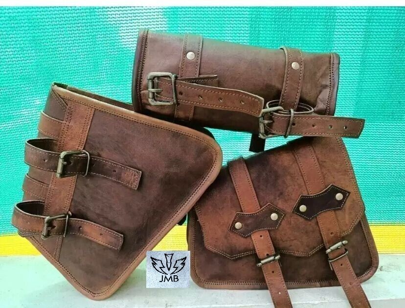 Motorcycle Leather 3 Side Swingarm Saddle Bag For Harley Street Bob Softail