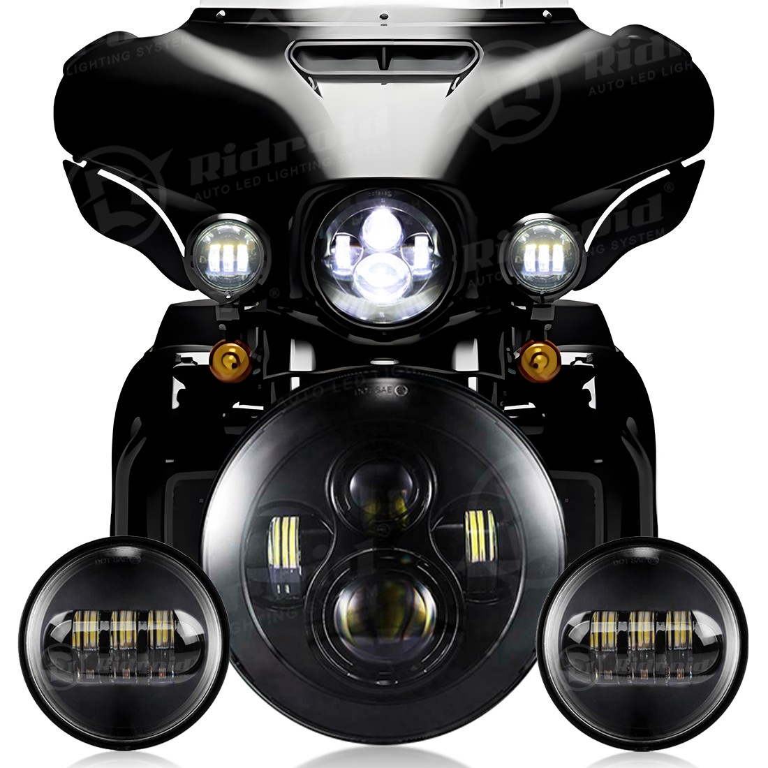 Black 7″ inch LED Projector Headlight+Fog Passing Lights Fit for Harley Touring