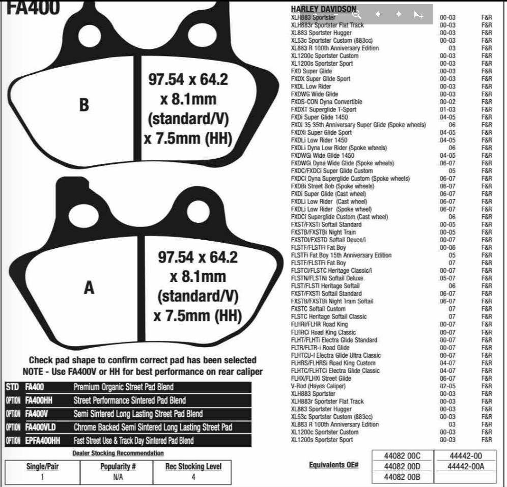 EBC FA400HH Sintered HH Front or Rear Brake Pads Harley Big Twin 00-07 1 Set