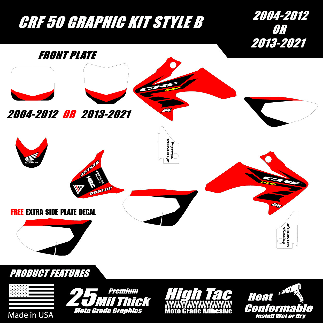 CRF50 Graphic Kit Red Style B 2004-2022 Premium 25 mil thick FREE SHIPPING!