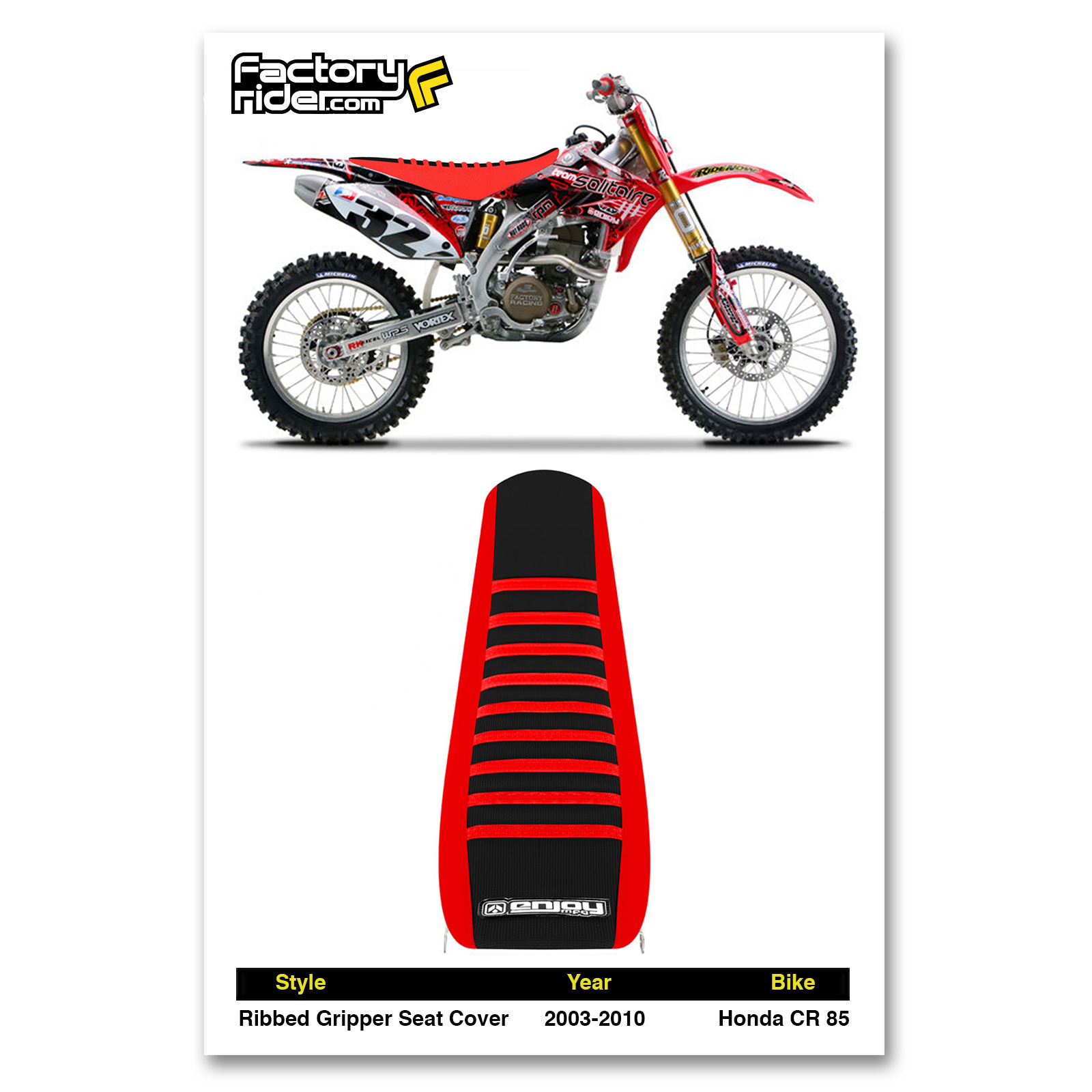 2003 – 2010 HONDA CR 85 SEAT COVER by Enjoy MFG RED & BLACK w/ RED RIBS #95