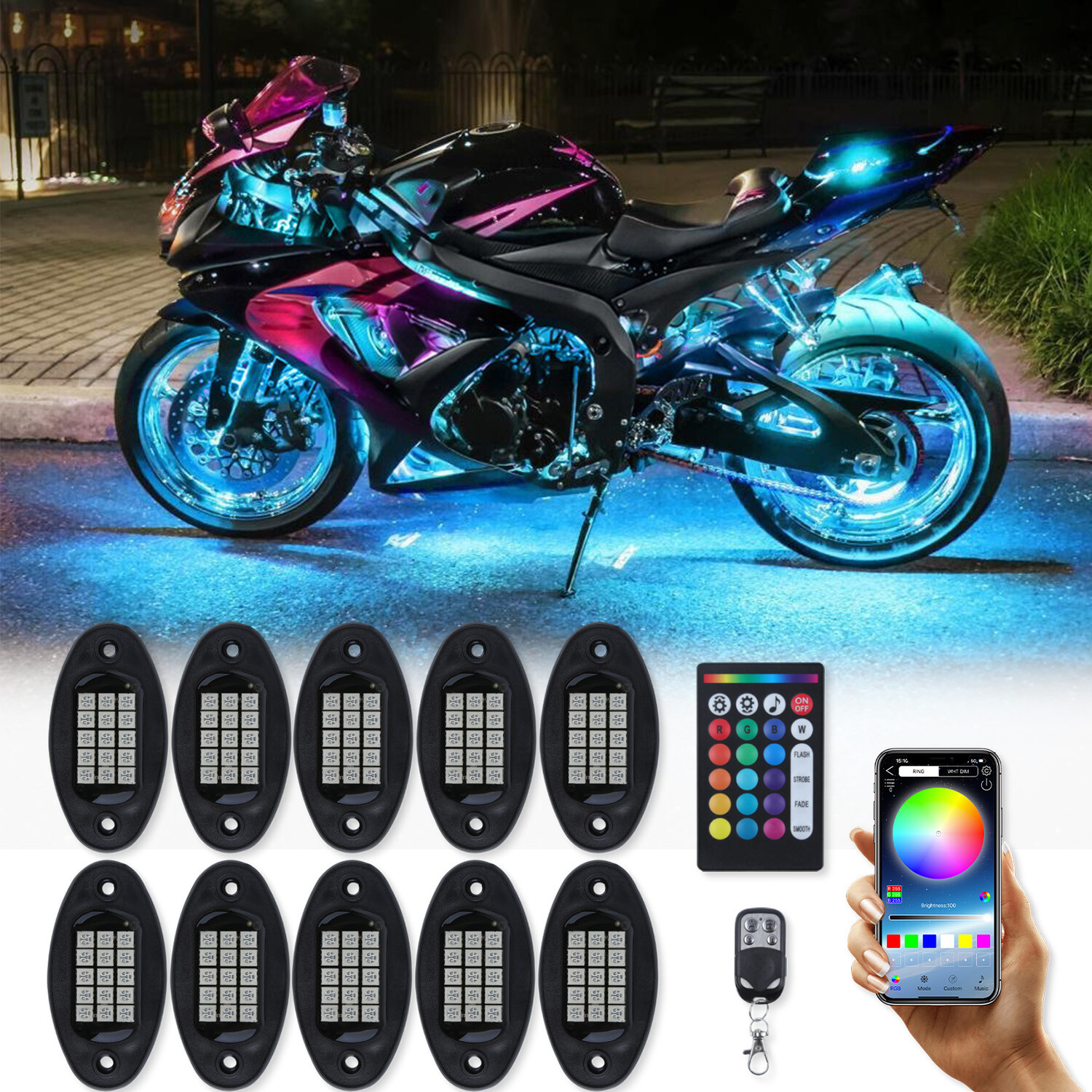 For Suzuki 10 Pods Motorcycle RGB LED Rock Light Neon Underbody Underglow Lights