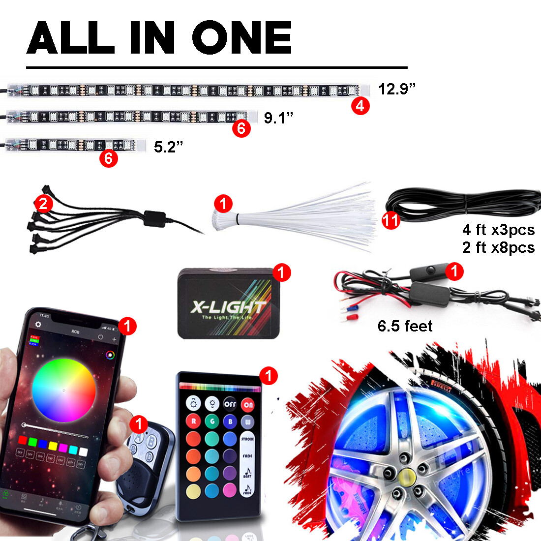 x16 LED Motorcycle Underglow Multi Color Lighting RGBW Kit Bluetooth IOS Android