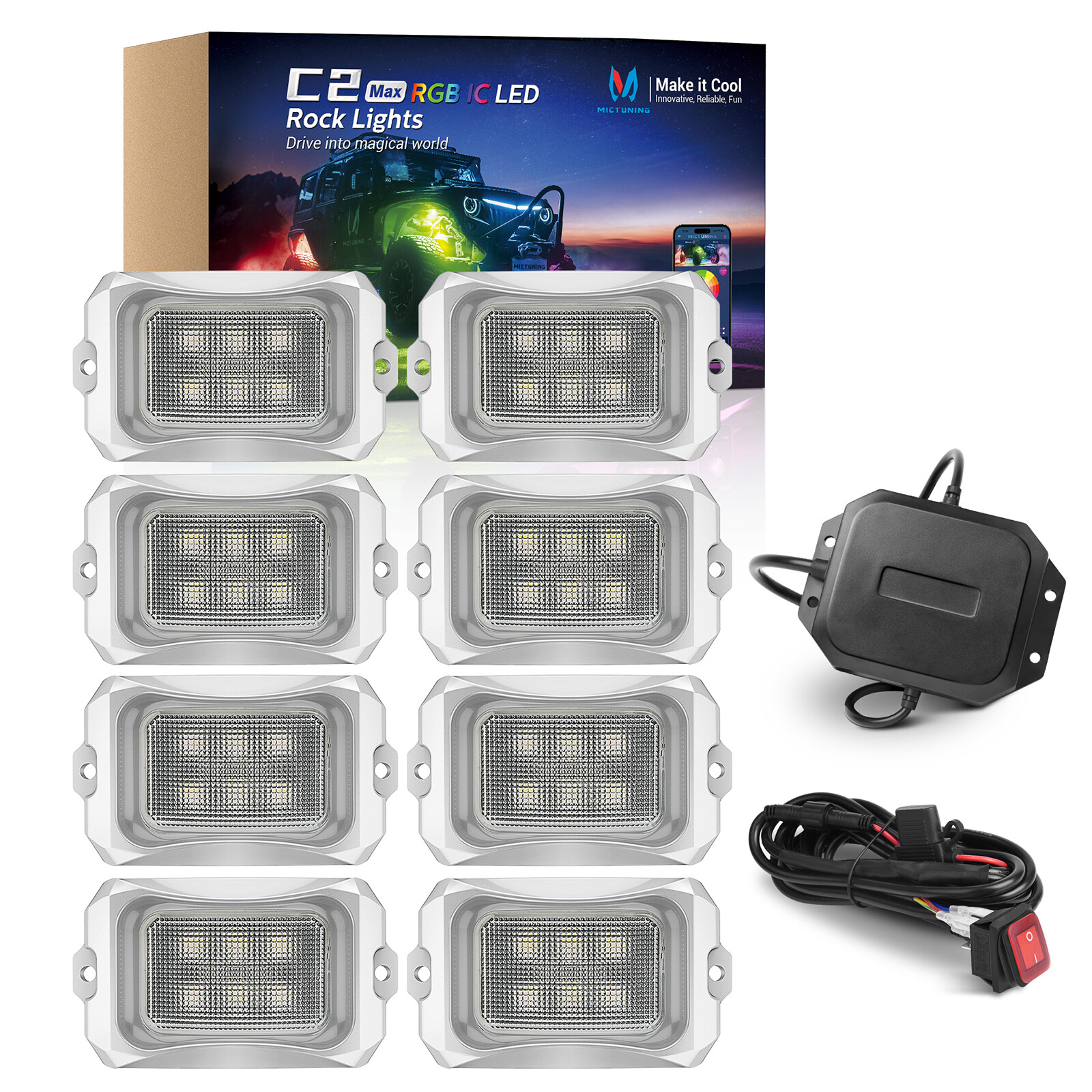 MICTUNING C2 RGB-IC LED Rock Lights 8 Pods Underglow Multicolor Chasing Neon Kit