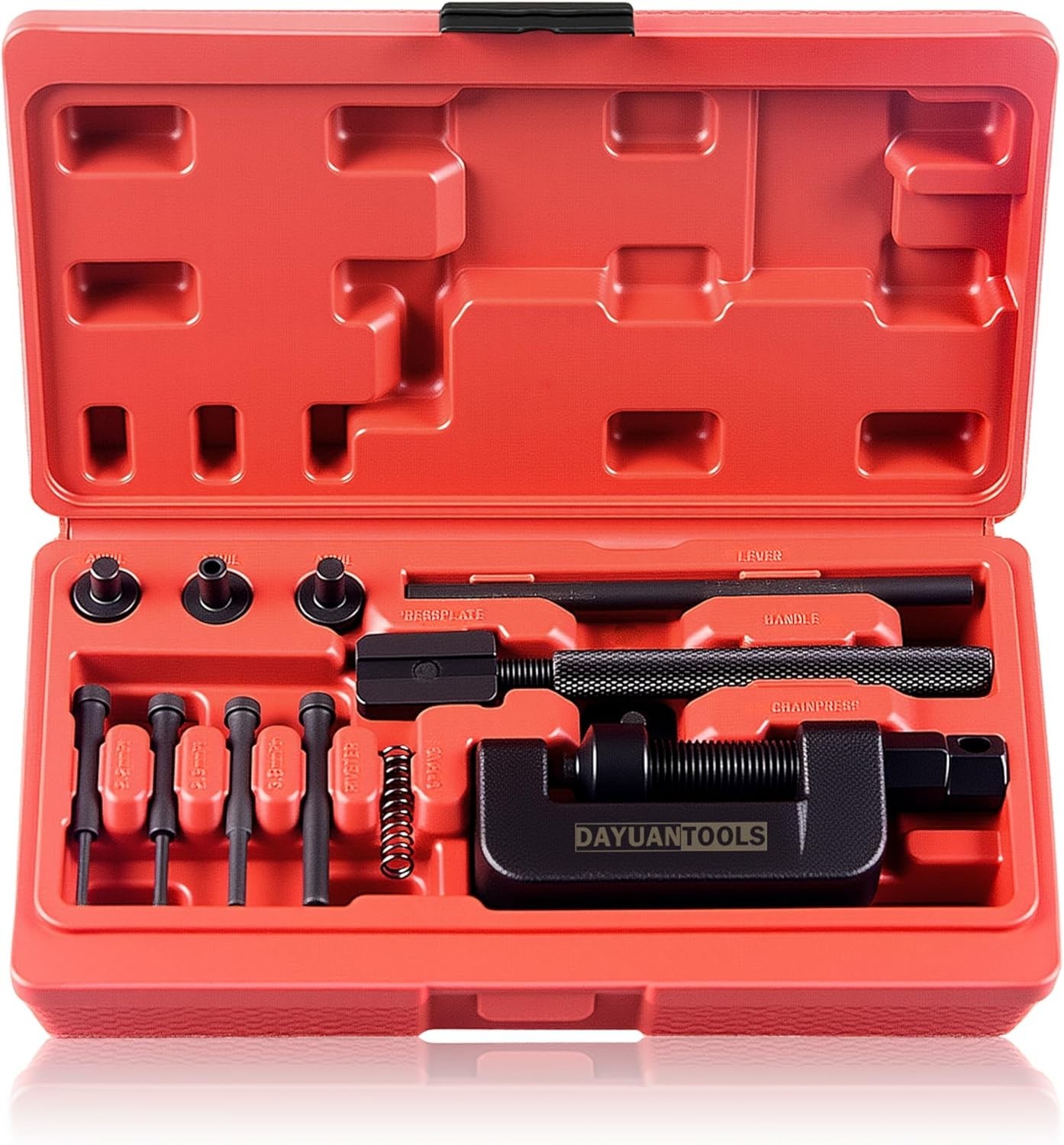 Durable Chain Cutter and Riveter Kit for Motorcycles – 13-Piece Set in Red Case