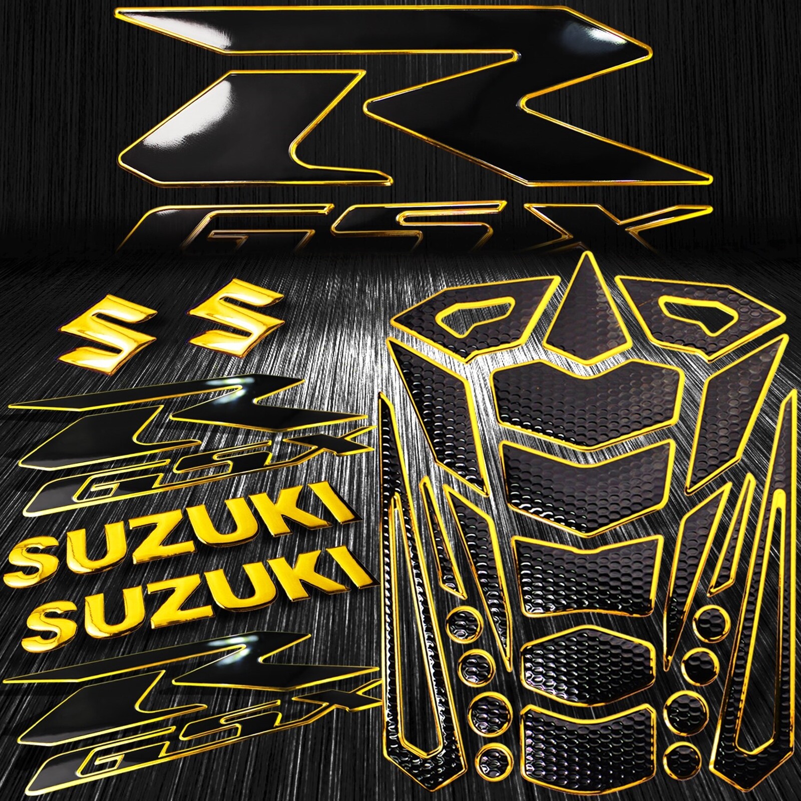 24PC Chrome Gold&Black Fuel Tank Pad+8″3D Logo&Letter+2-Tone GSXR Emblem Sticker