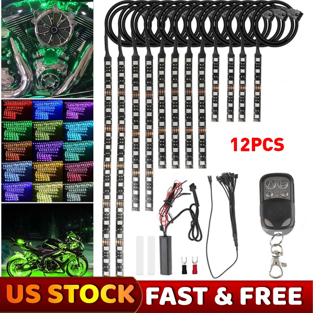 12PCS Motorcycle RGB LED Neon Under Glow Accent Lights Strip Remote Control Kit