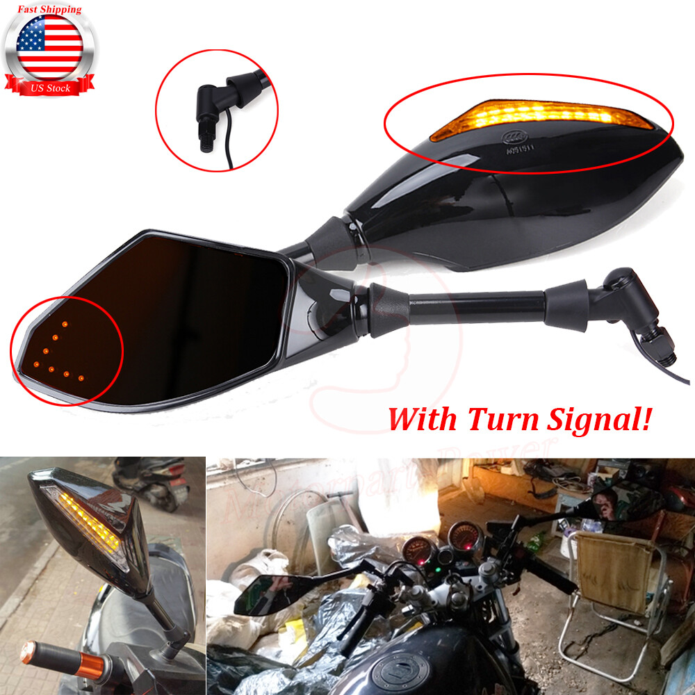 Motorcycle Rearview Side Mirrors w/ LED Turn Signal Blinker Light For Kawasaki