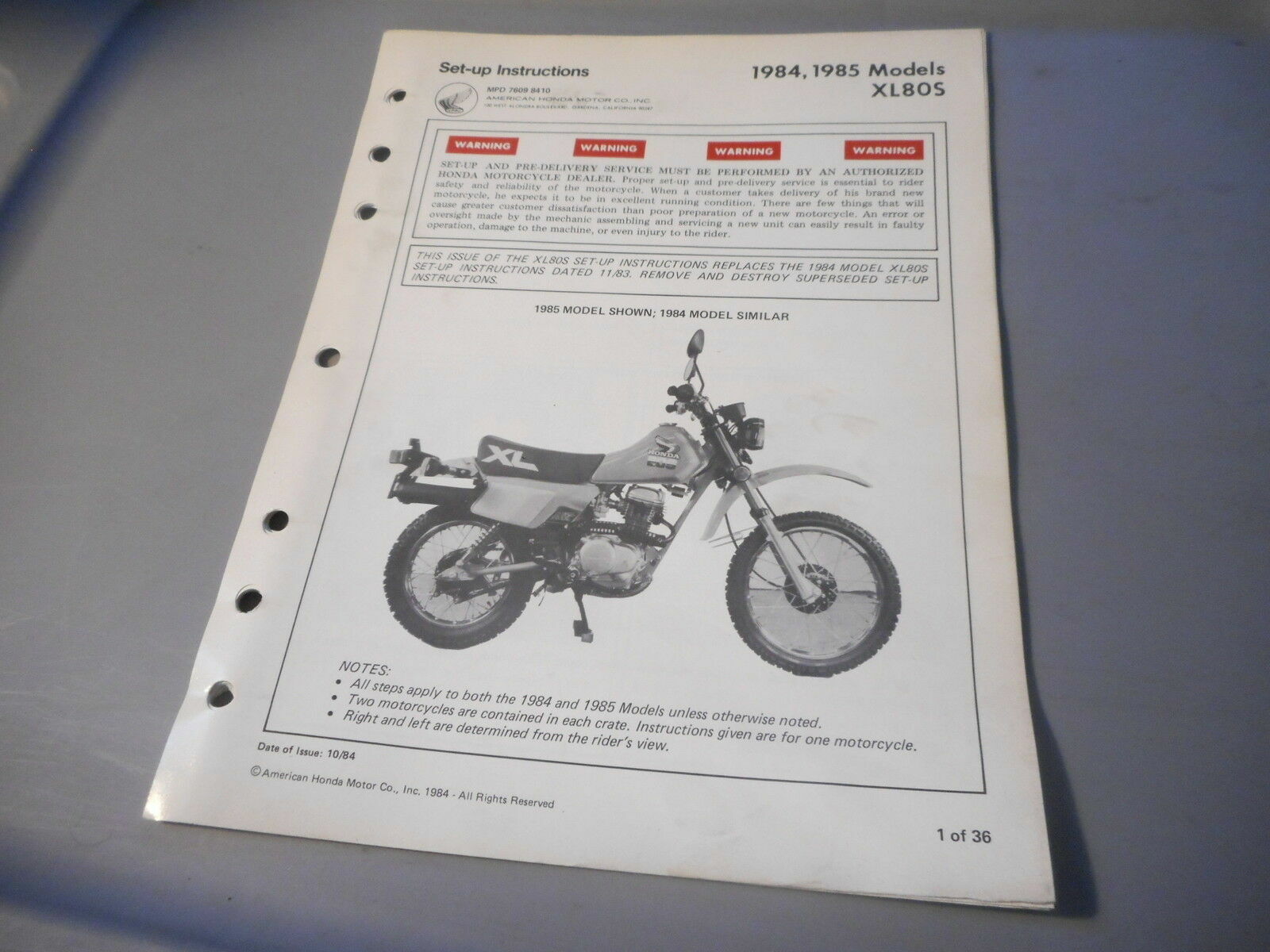 Honda XL80’s XL80 1984-1985 Genuine Factory Set Up Instructions Manual 76098410