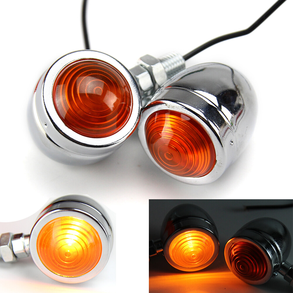 4PCS Vintage Motorcycle Tail Turn Signals Lights Amber Chrome Bullet For Harley