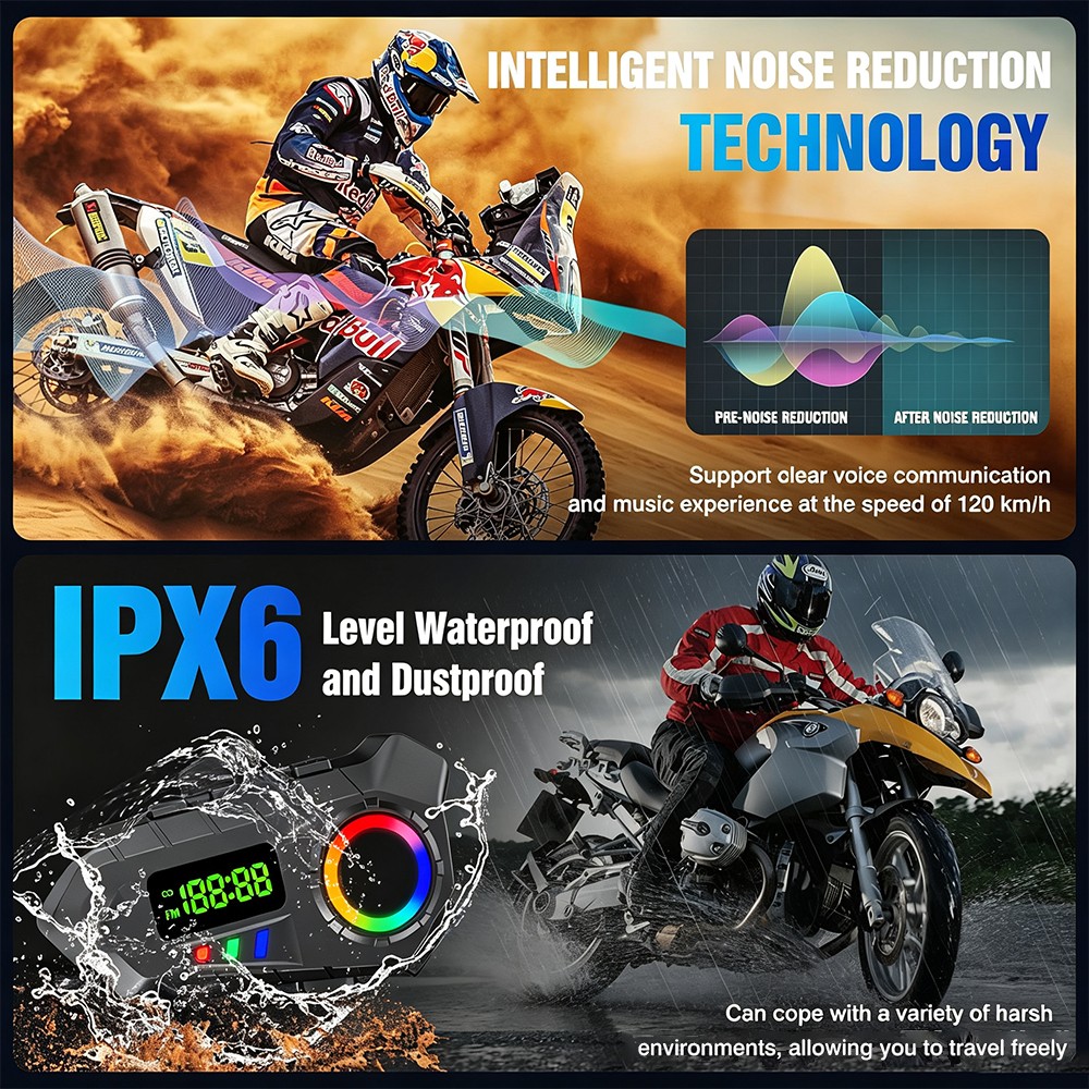 Motorcycle Helmet Bluetooth Headset 6.0 Speakers FM Waterproof Hands-Free Mic