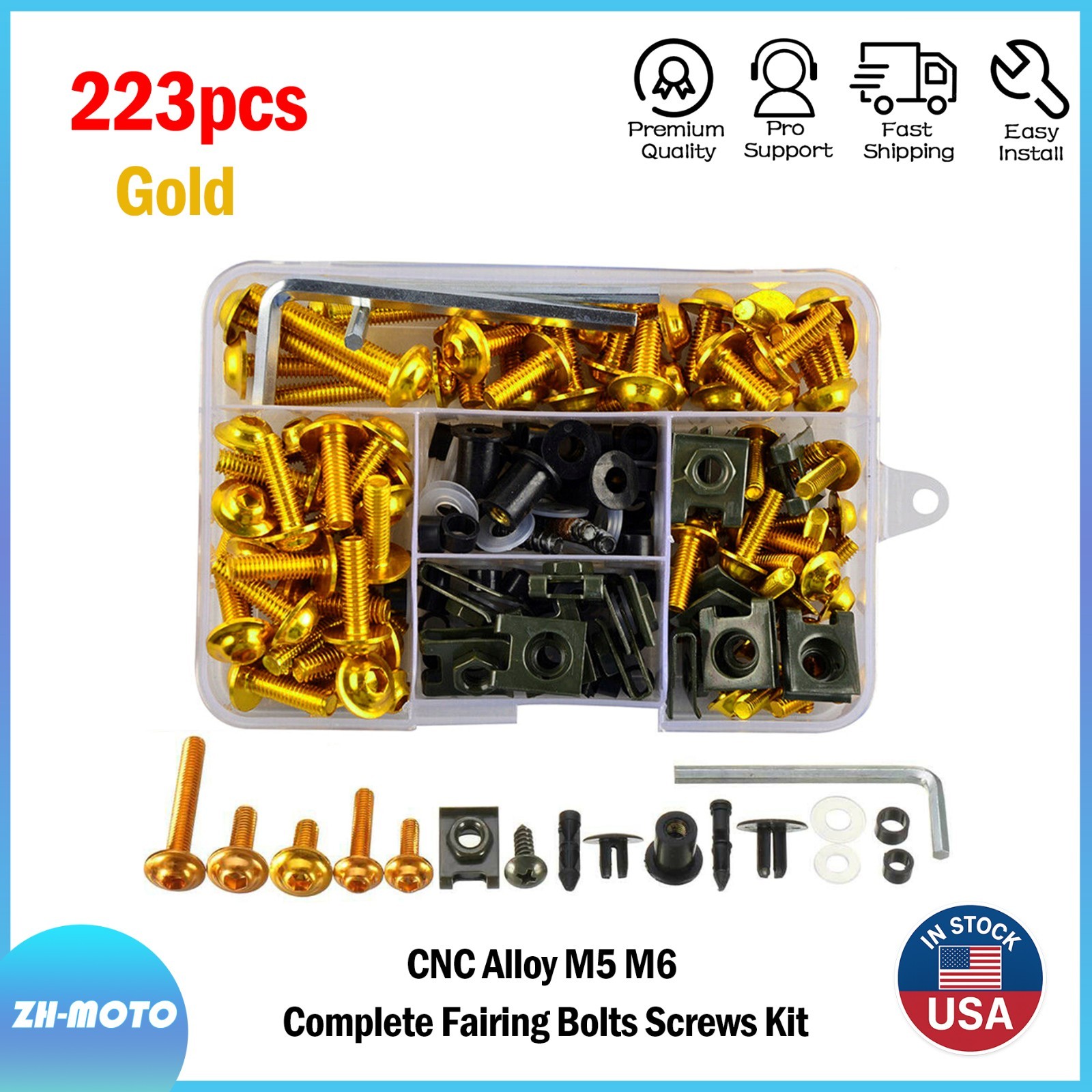 Universal CNC Alloy Motorcycle Fairing Complete Bolts Kit Screws Gold 223PCS