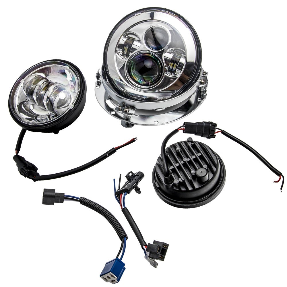 7″ Round Chrome LED Projector Headlight + Passing Lights 6000K-7000K 12V-30V DC