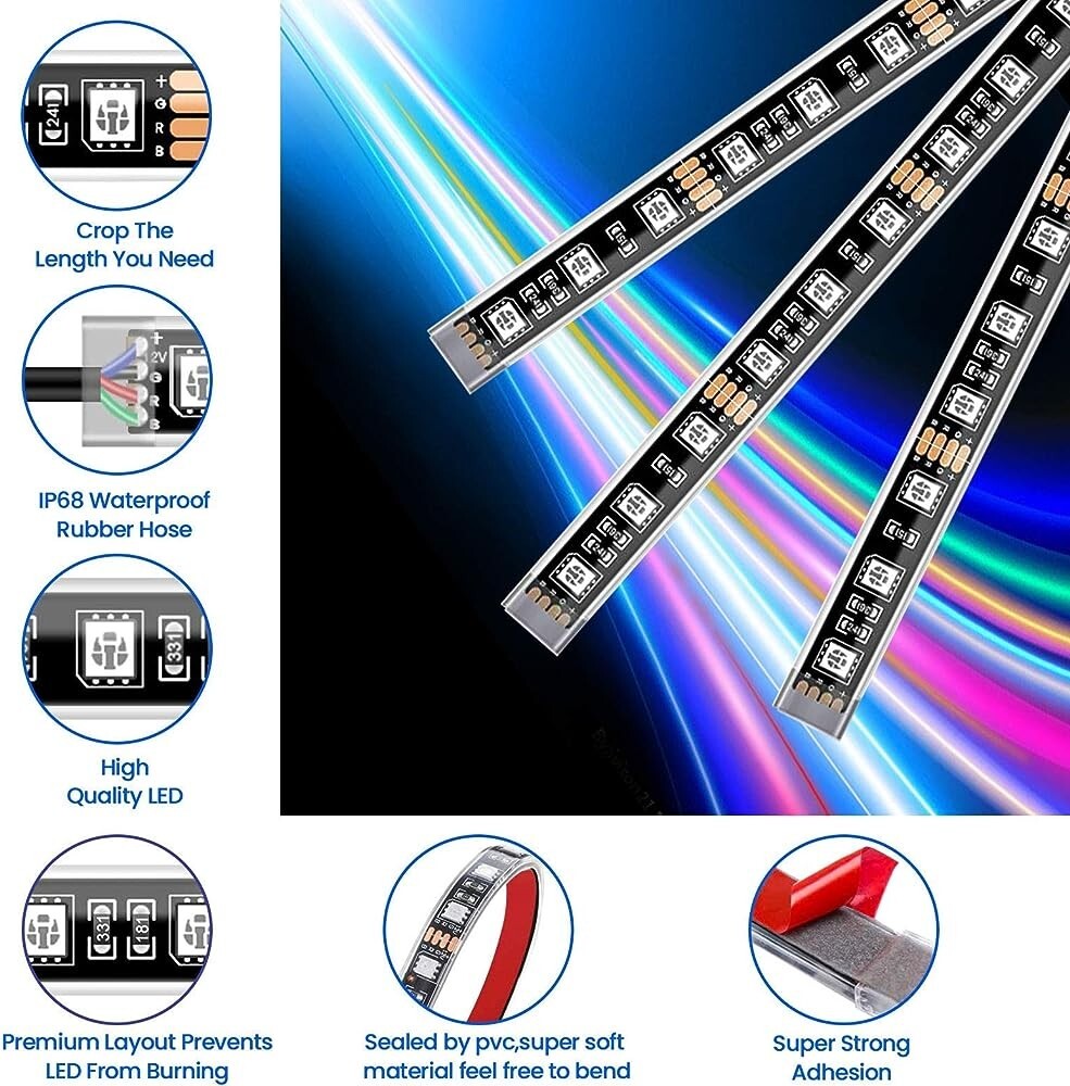 16PCS Motorcycle RGB LED Strip Light Under Glow Neon Kit Bluetooth APP Control