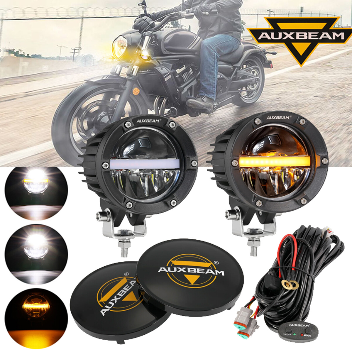 AUXBEAM Motorcycle 4″ LED Driving Work Lights Pods Hi-Lo Auxiliary Pods & Cover