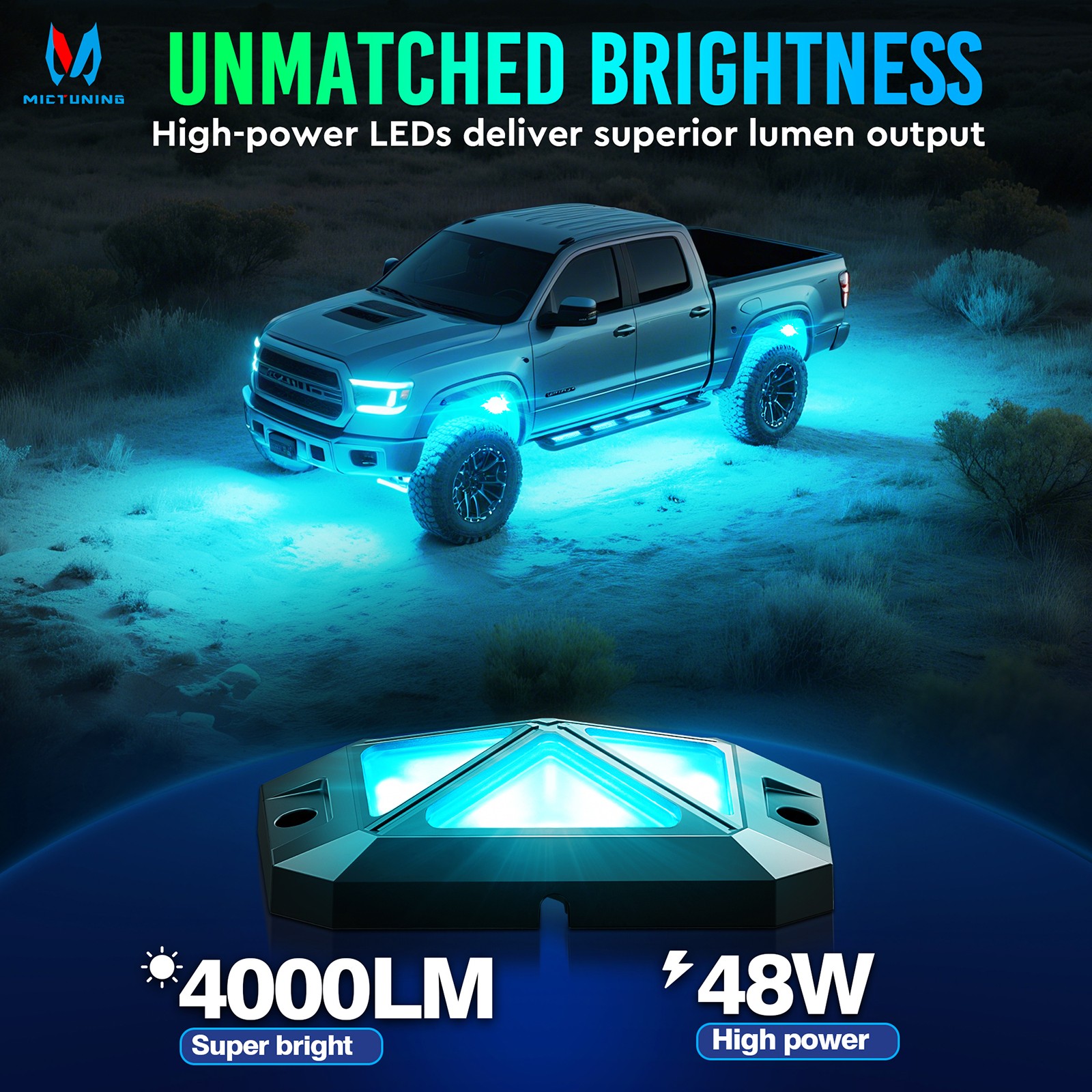 MICTUNING 8 Pods C4 RGBW LED Rock Lights – Underglow Neon Accent Lighting Kit US