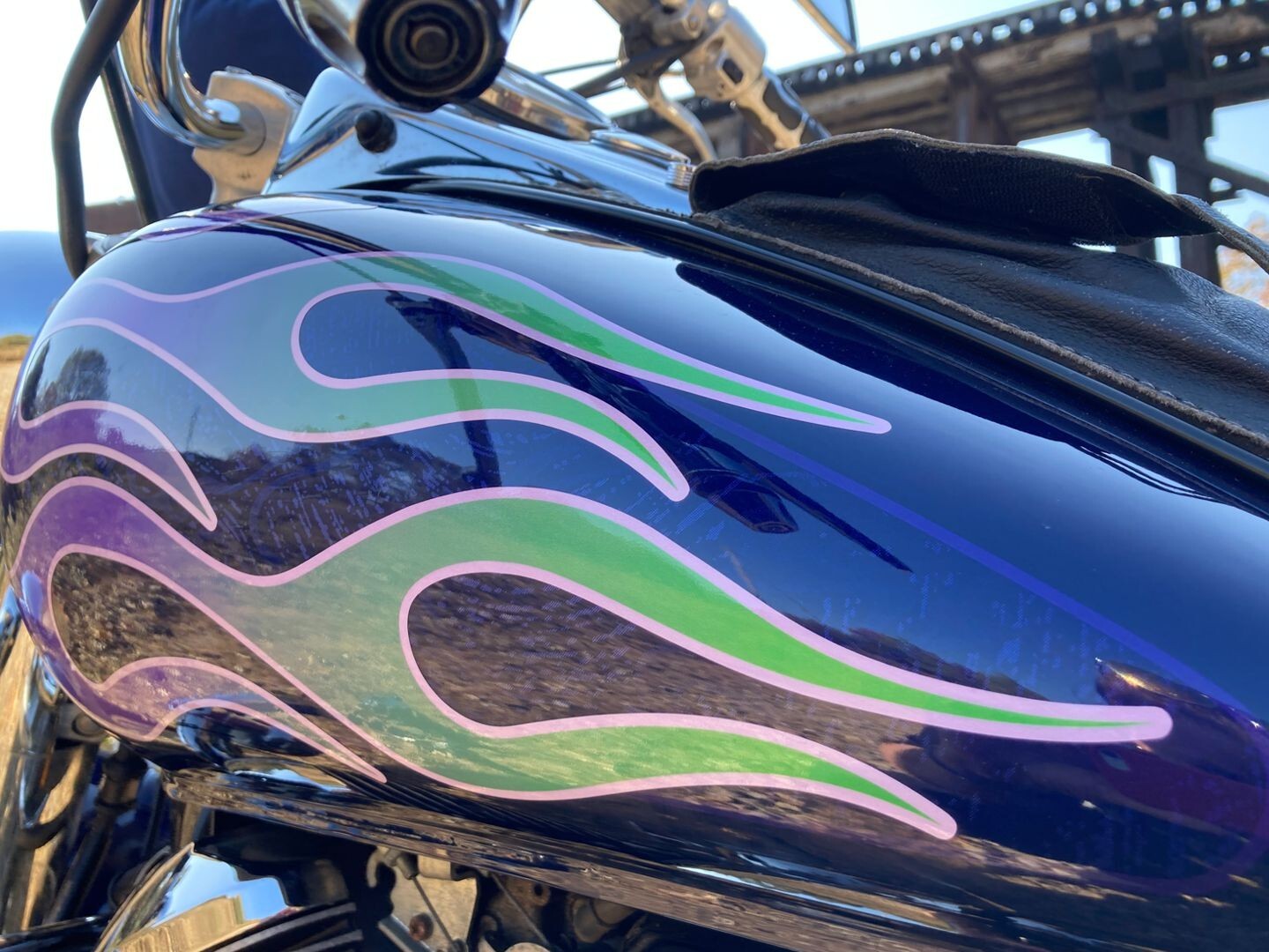 Hot Rod Motorcycle Flame decals Green & Purple 6pc kit for Harley Honda Bobber