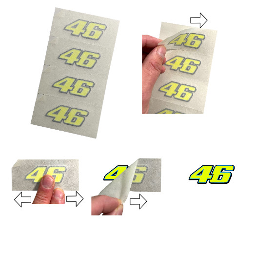 Rossi Sticker 46 FLUORESCENT YELLOW vinyl (2013) 4 x 5cm 2″ stickers