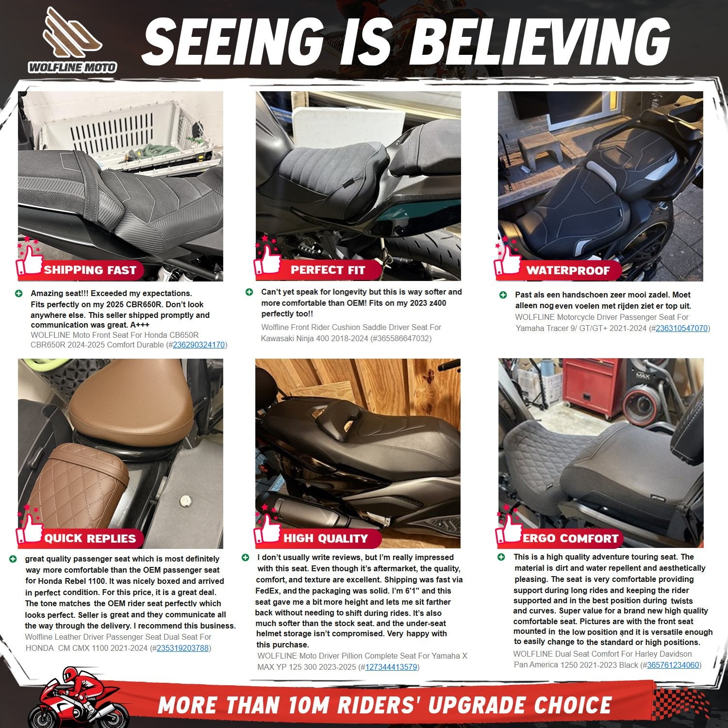 WOLFLINE Rider & Passenger Seat Set for Kawasaki ZX-6R 2019-2025 Comfort Cushion