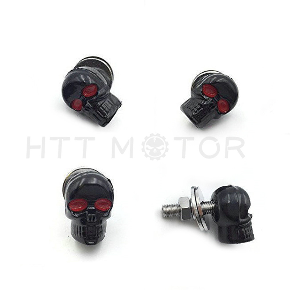 4PCS SKULL BLACK MOTORCYCLE LICENSE PLATE FRAME BOLTS SCREWS Fastener Red Eye