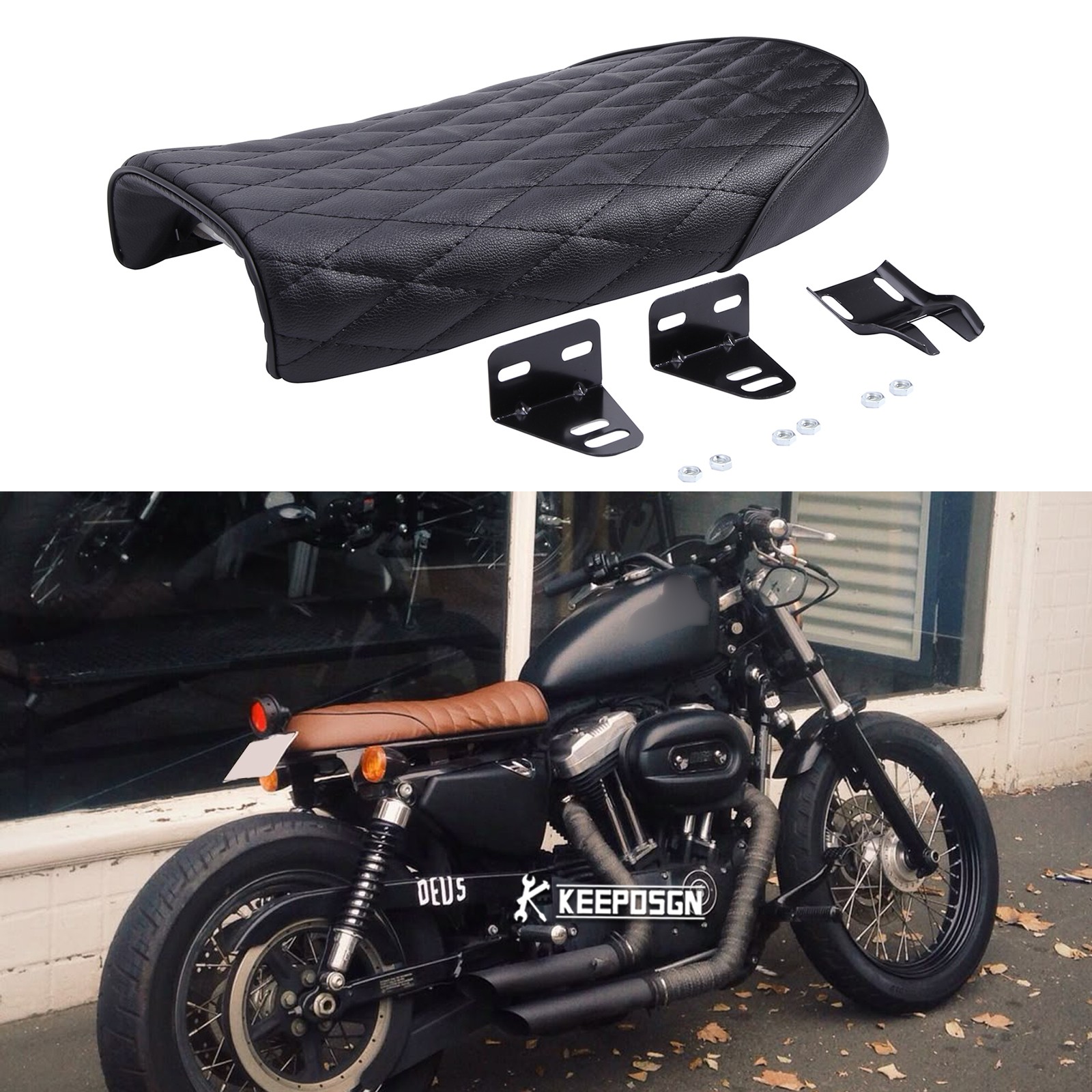 PU Flat Cafe Racer Seat Driver Saddle Refit For Harley Sportster Iron 883 Custom