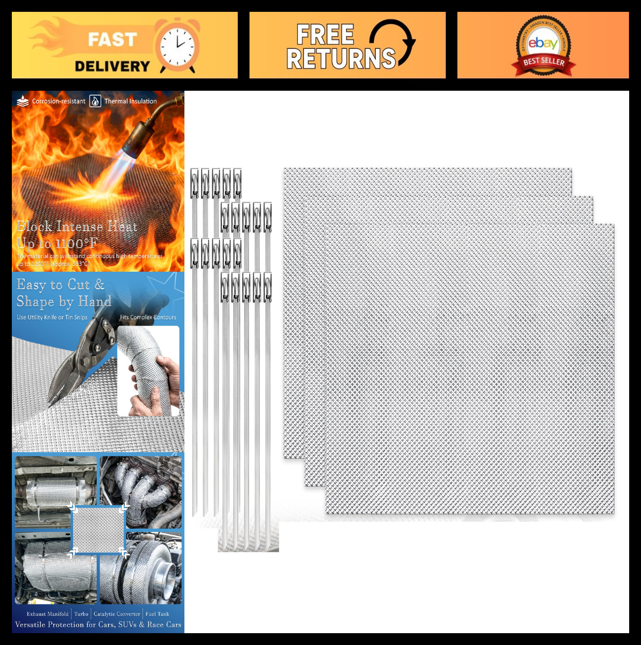 3 Pack Exhaust Heat Shield Kit – Aluminum Thermal Barrier for Muffler & Pipes, 2
