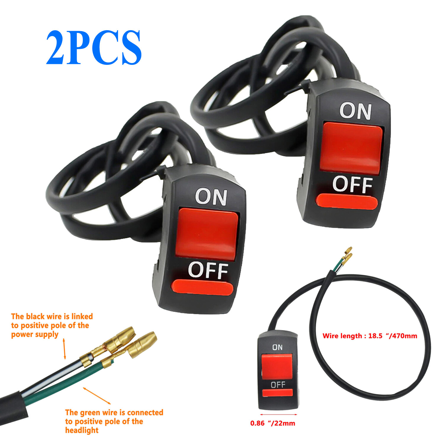 2pc Kill ON-OFF Latching Switch Scooter ATV Dirt Bike 7/8″ Handlebar Switch Moto