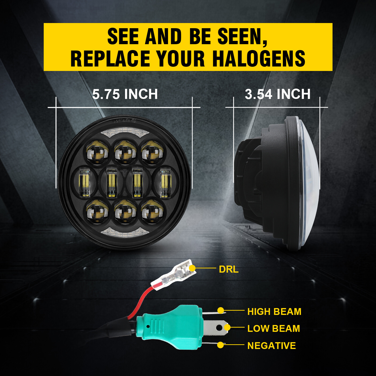 Black 5-3/4” 5.75″ inch 80W LED Motorcycle Headlight Halo High Low Beam 4800LM