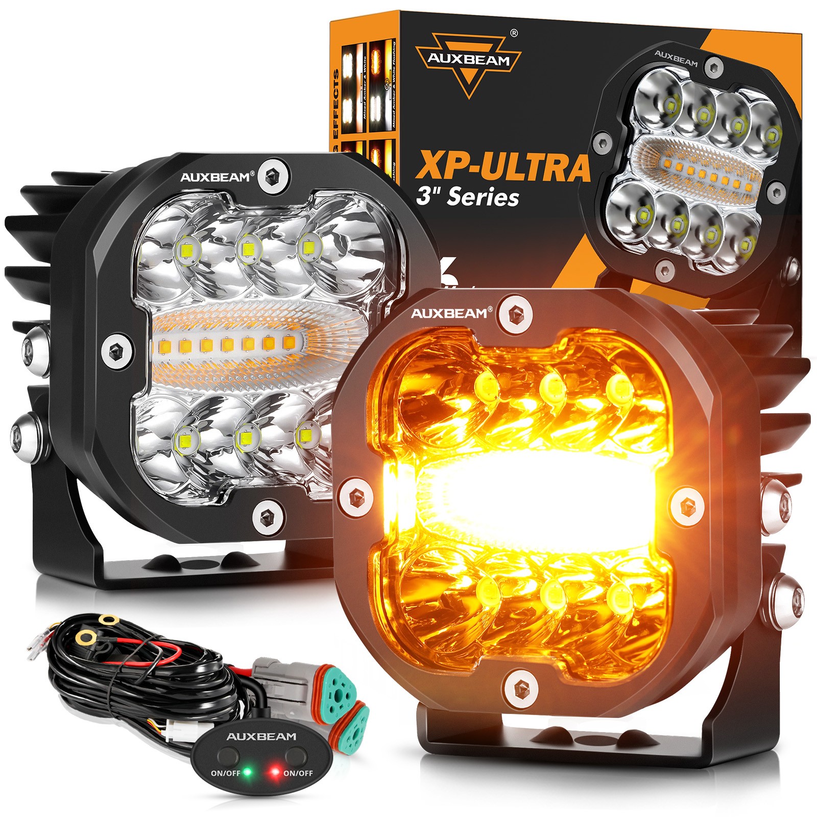AUXBEAM XP-ULTRA 3″ 96W LED PODS 6 MODES WHITE AMBER FLASHING LED DRIVING LAMPS