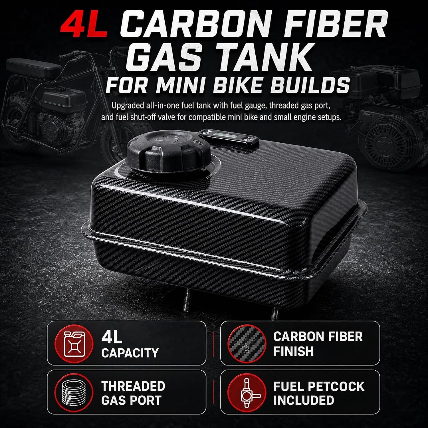 4L Gas Fuel Tank W/Gauge Petcock for Predator 212 Hemi Coleman B200 Mini Bike