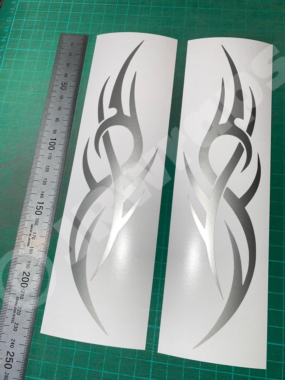 (X2) Tribal Flame Decals Stickers Motorbike Tank Boat Car 220x55mm Gloss Silver