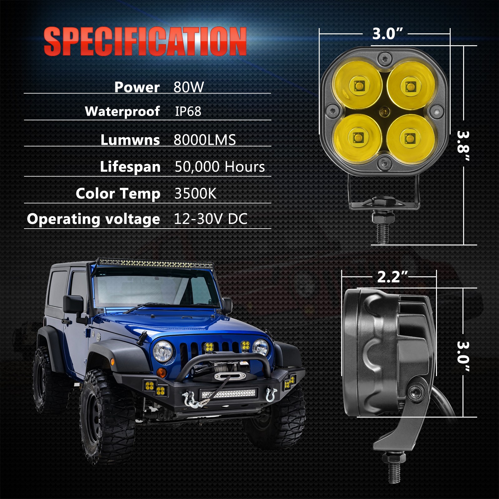 2x for Yamaha WR450F 3“ LED Spot Lights Long Range Amber Offroad Dirt Bike +Wire