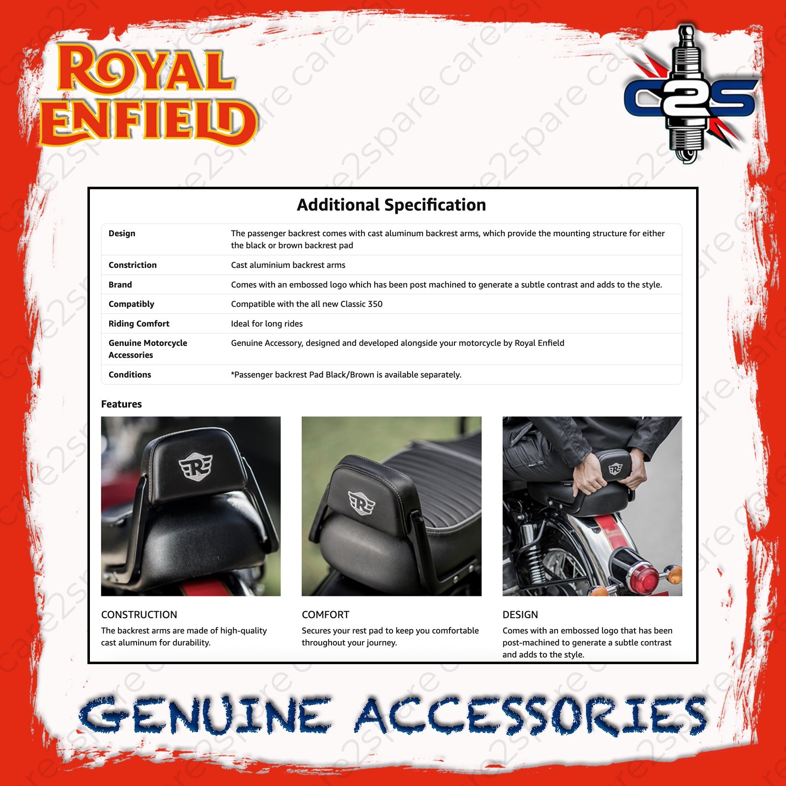 Brown Passenger Backrest Pad with Mounts for Royal Enfield Classic Reborn 350