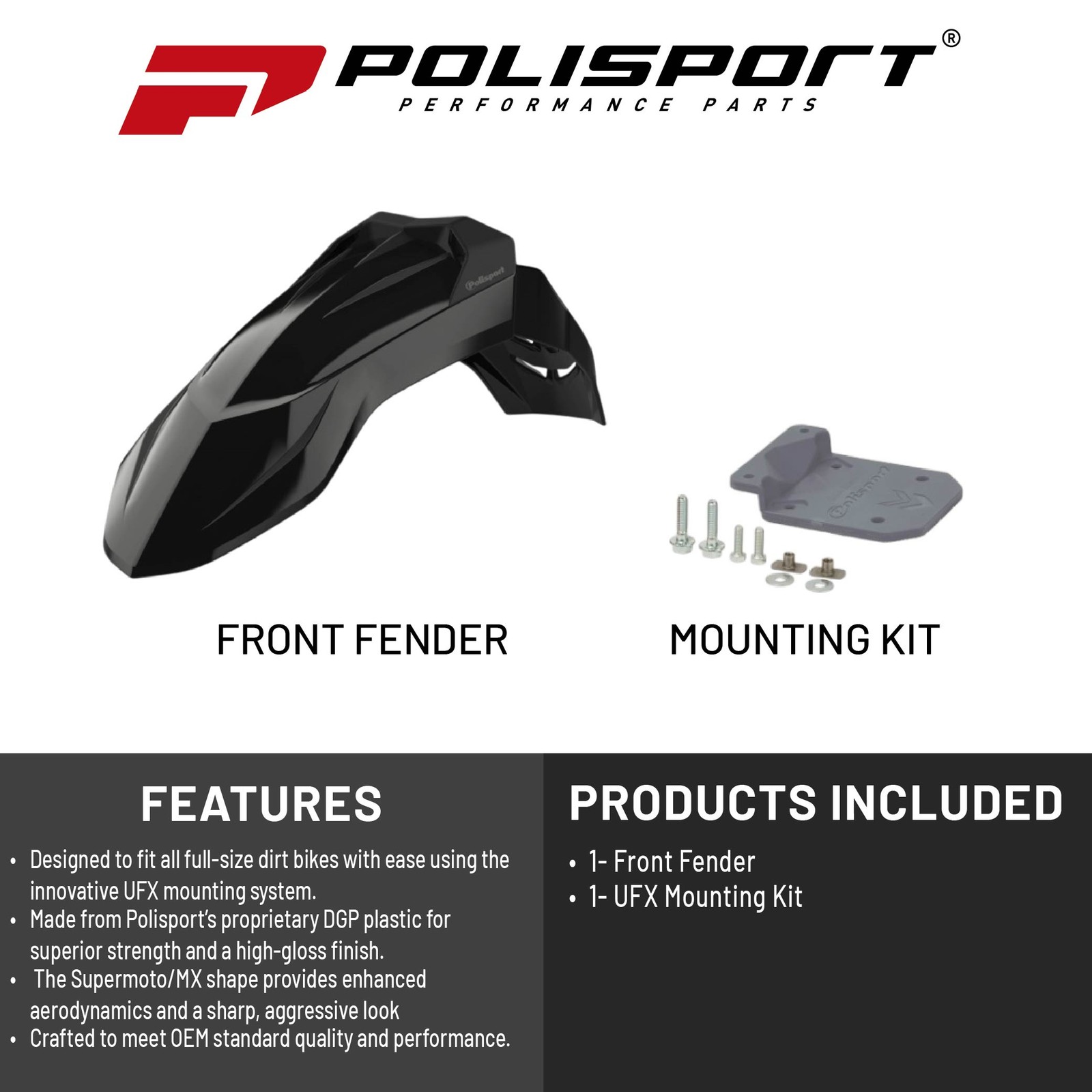 Polisport Supermoto (SM) Motocross (MX) UFX Front Fender – Black