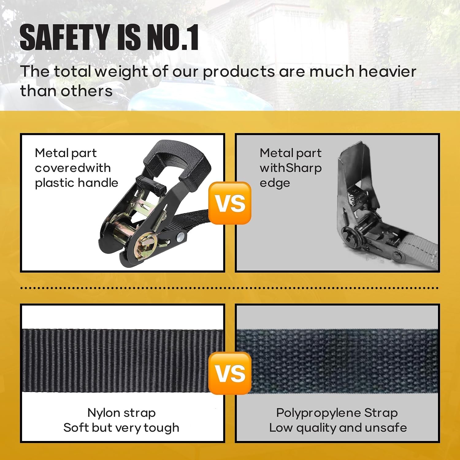 1×8′ Heavy Duty Ratchet Tie Down Straps 1860lbs Break Strength Black Cargo