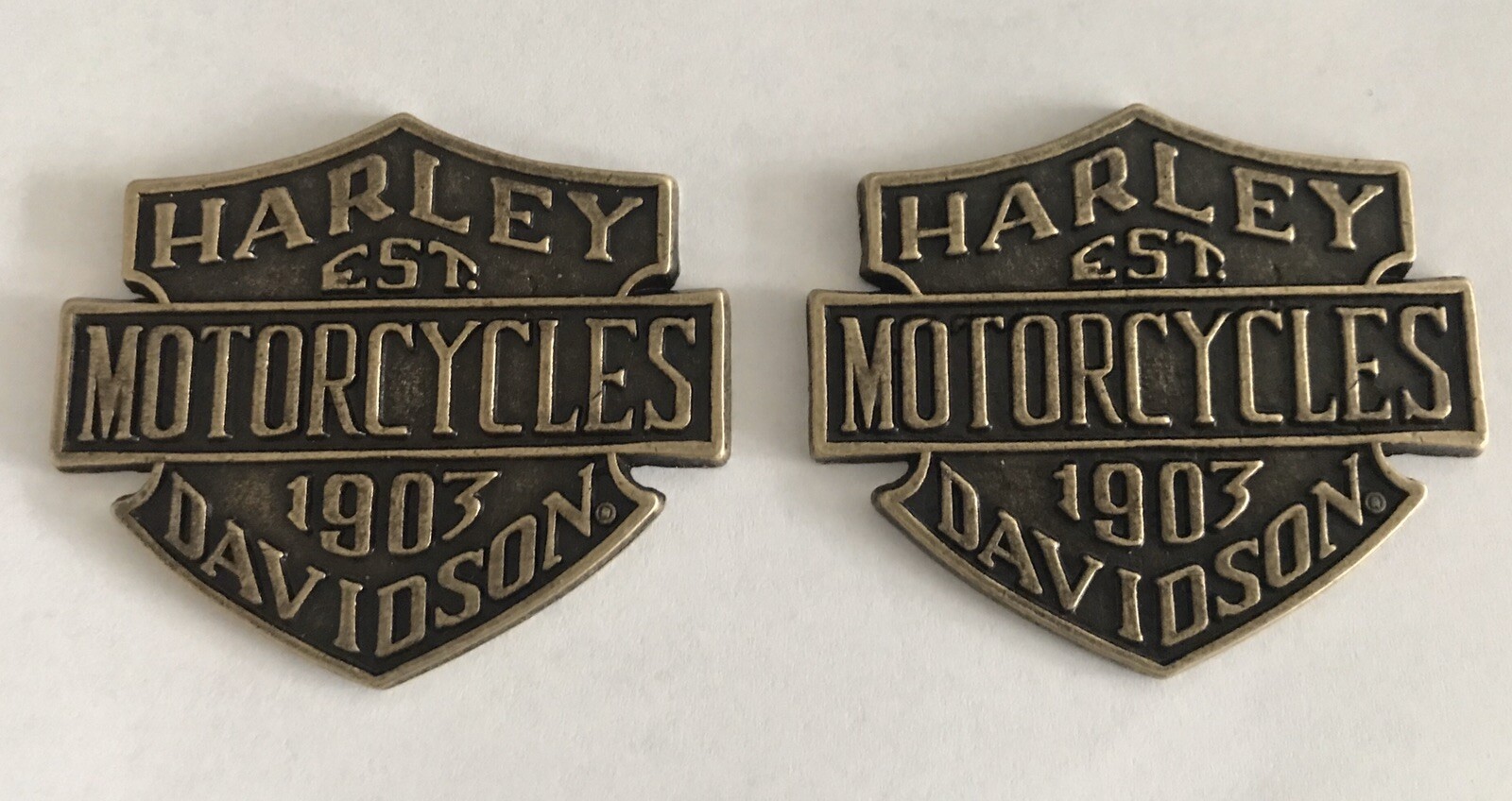 SET OF TWO BRASS 1903 HARLEY-DAVIDSON MOTORCYCLES EMBLEMS/MEDALLIONS