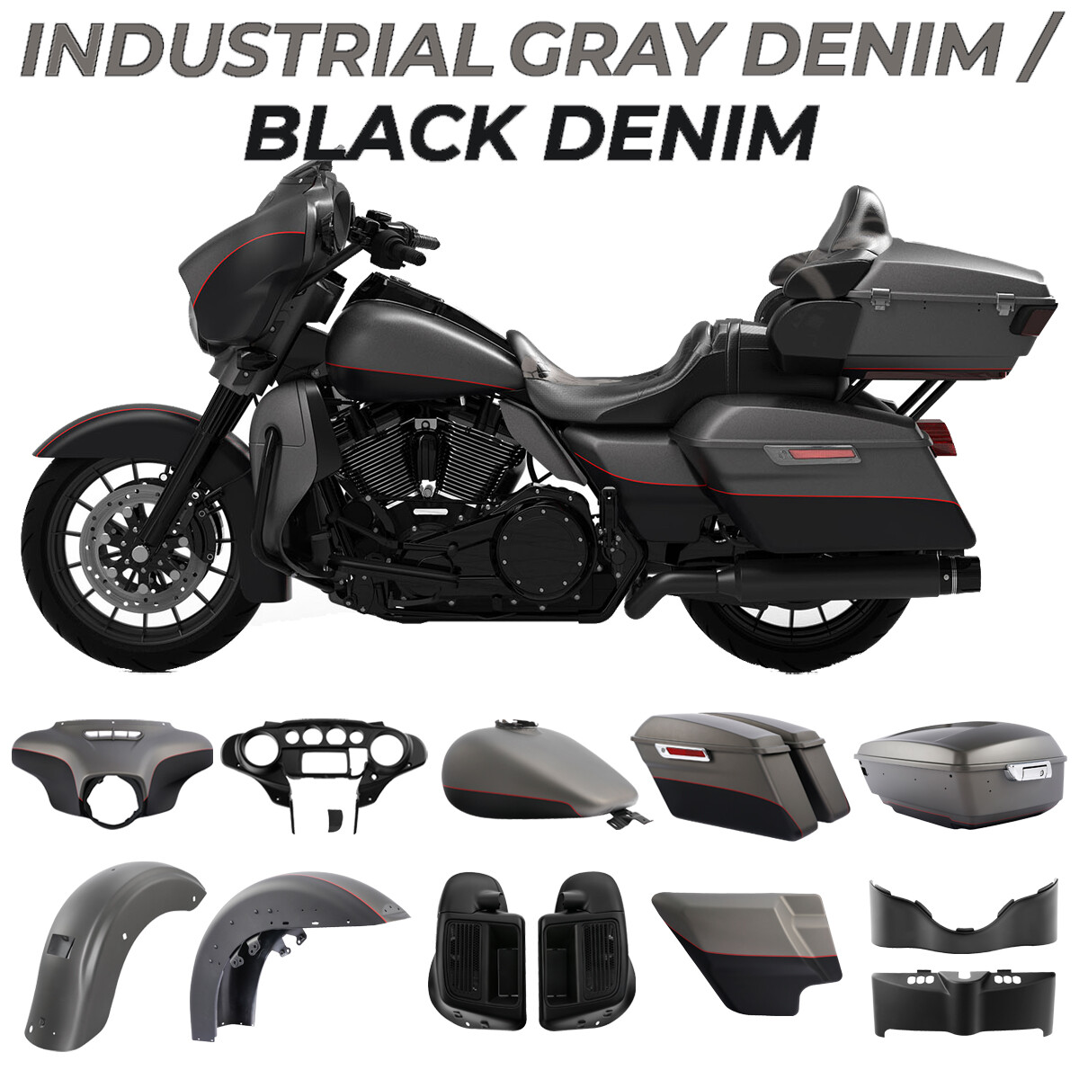 Fairing Body Work Kit For Harley Electra Glide 14-24 Industrial Gray/Black Denim