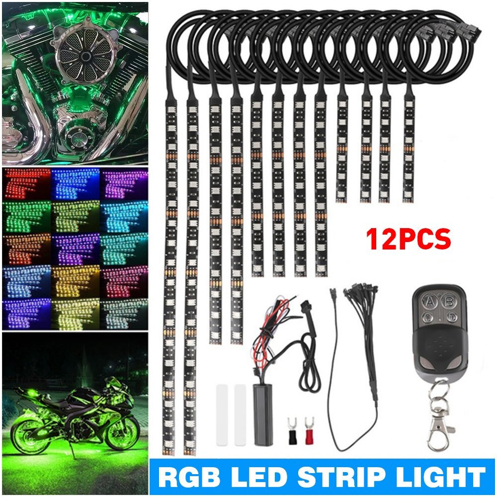 Motorcycle RGB LED Wireless Lights Multi Remote Color Glow Neon Strips Light Kit