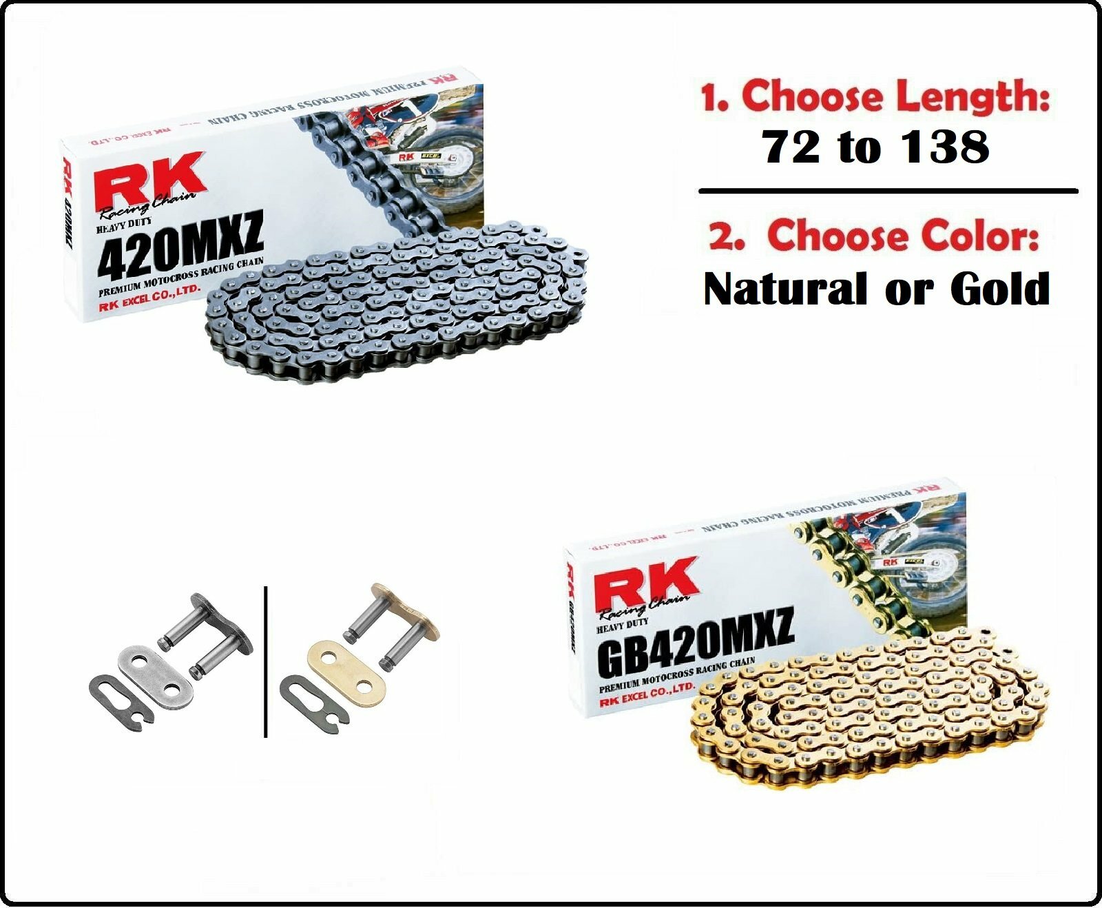 RK 420 MXZ Non-sealed Motorcycle Drive Chain Natural or Gold w Clip Master Link