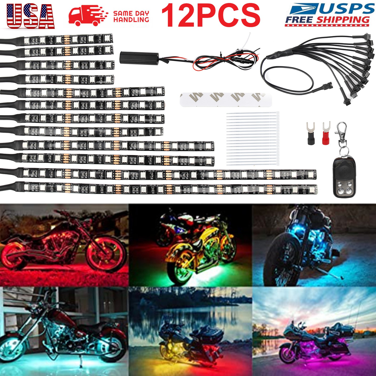 12PCS Motorcycle RGB LED Neon Under Glow Lights Strip Kit Remote APP Control US