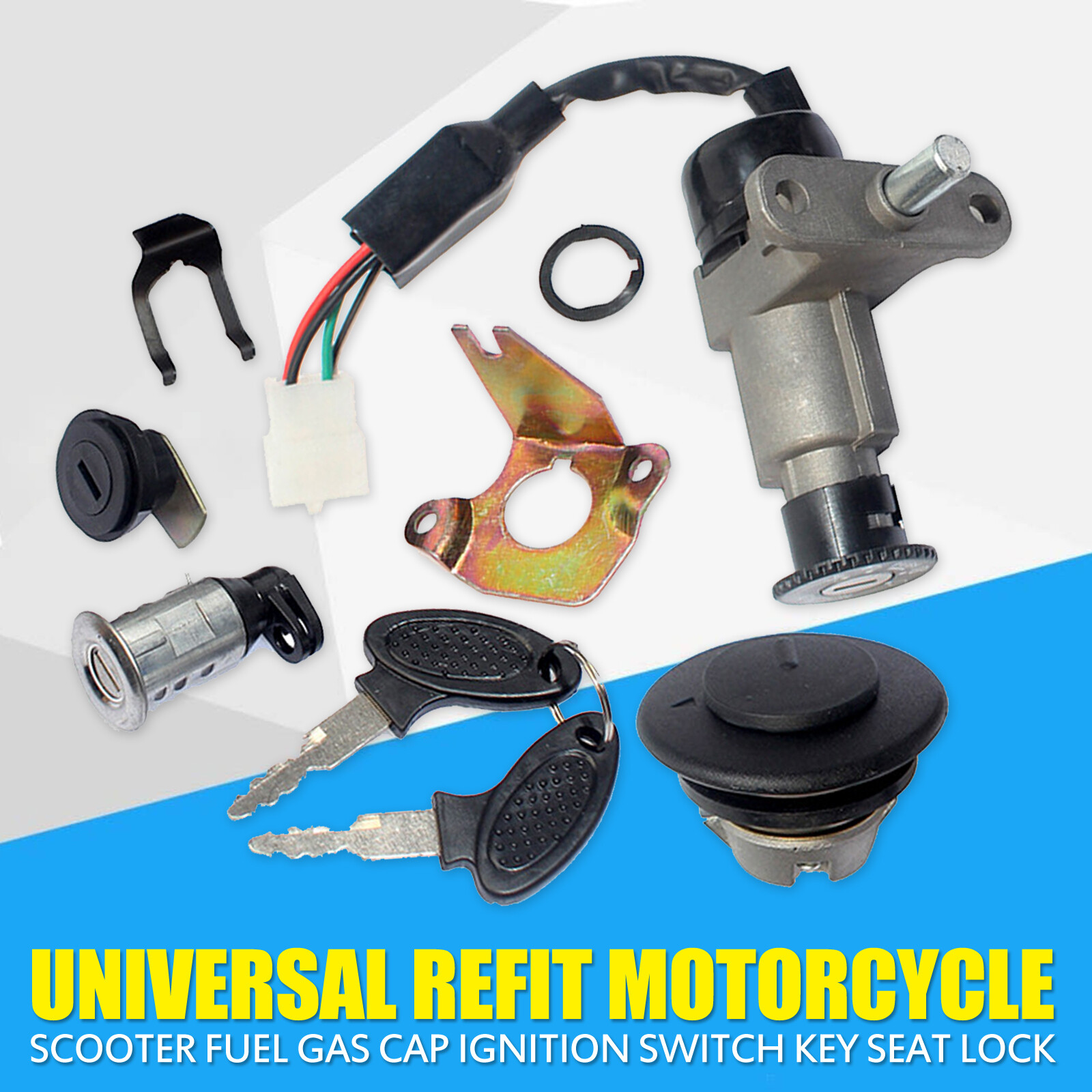 Universal Motorcycle Scooter Fuel Gas Cap Ignition Switch Key Seat Lock Set