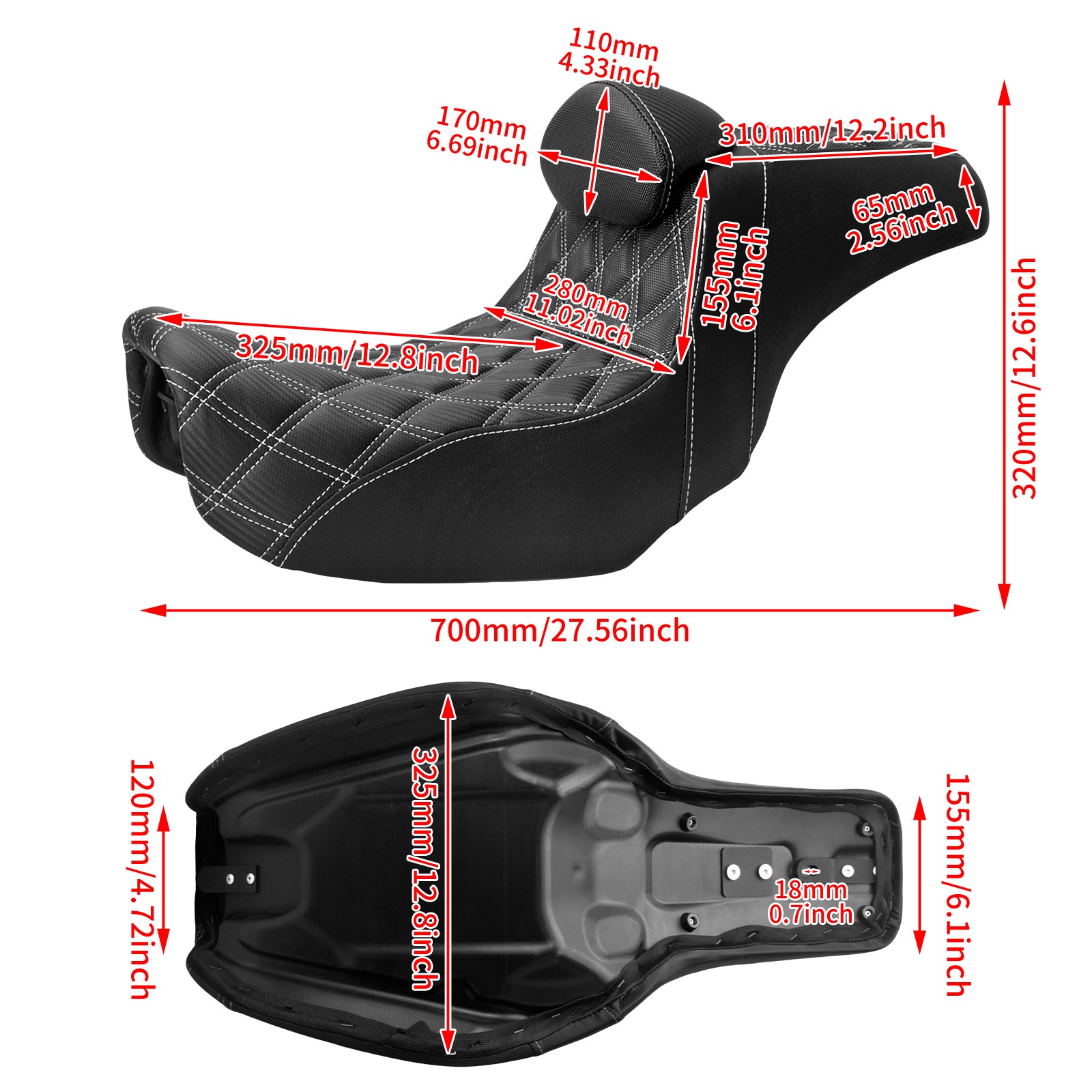 White Stitching Two-Up Black Seat W/ Driver Backrest Fit For Harley Dyna 2006-17