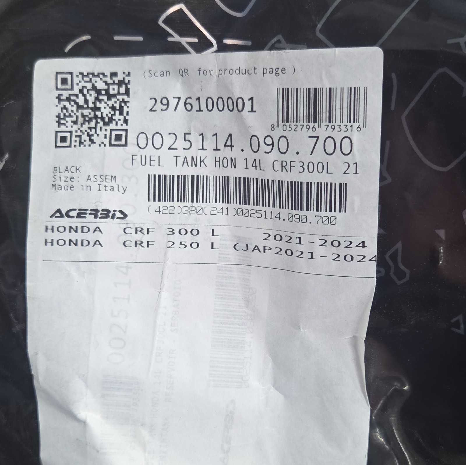 Fuel Tank – Honda CRF300L:21-24 3.7GAL black 2976100001