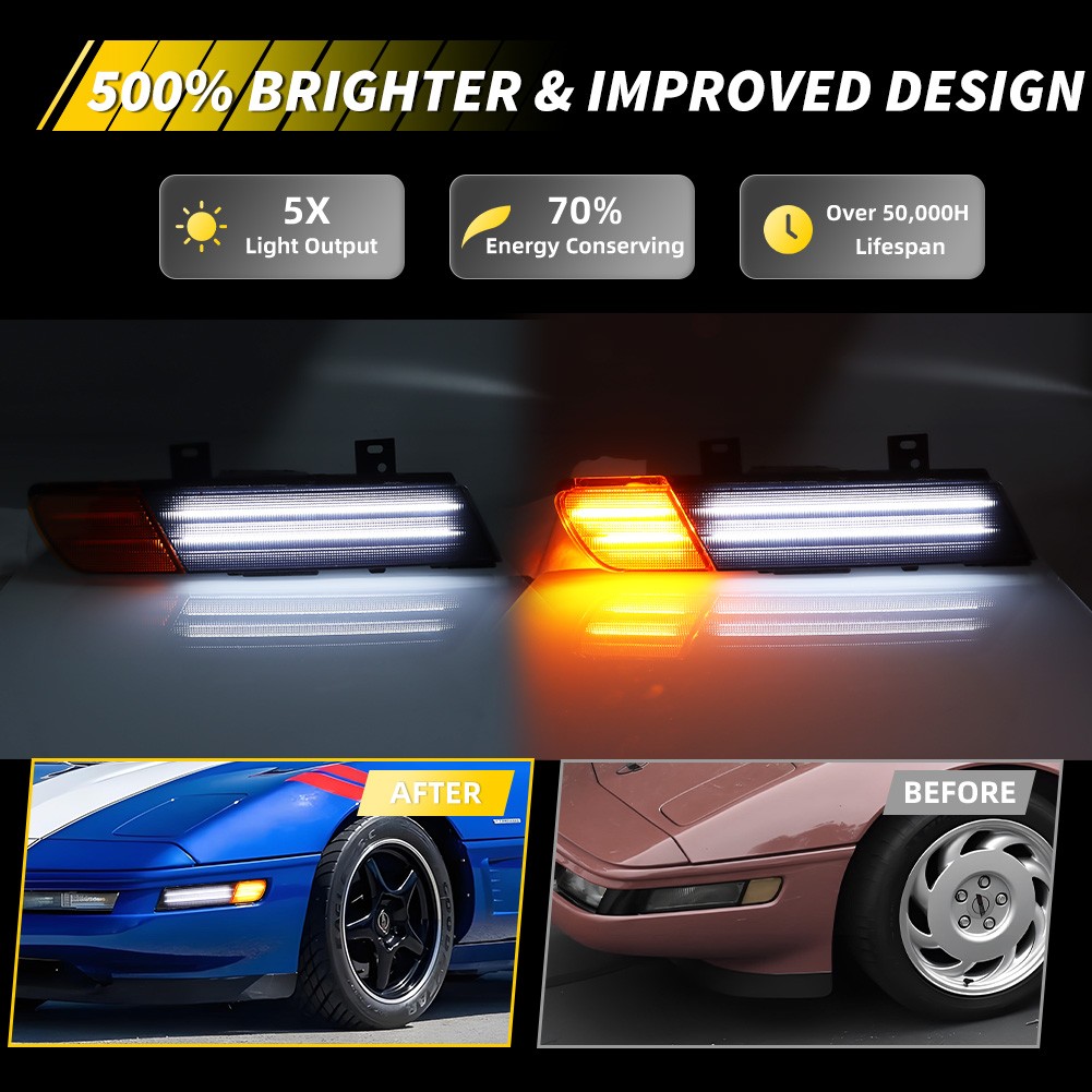 2PCS Dynamic Amber LED Front Signal Side Marker Lights For 1991-1996 Corvette C4