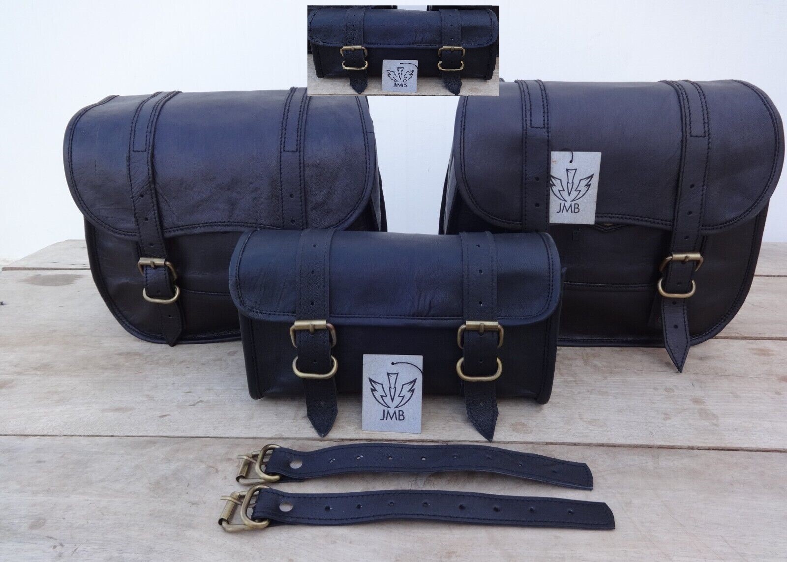 Motorcycle Leather Pouch Panniers Black Side Saddle Bag Saddlebags Bags Tool 3