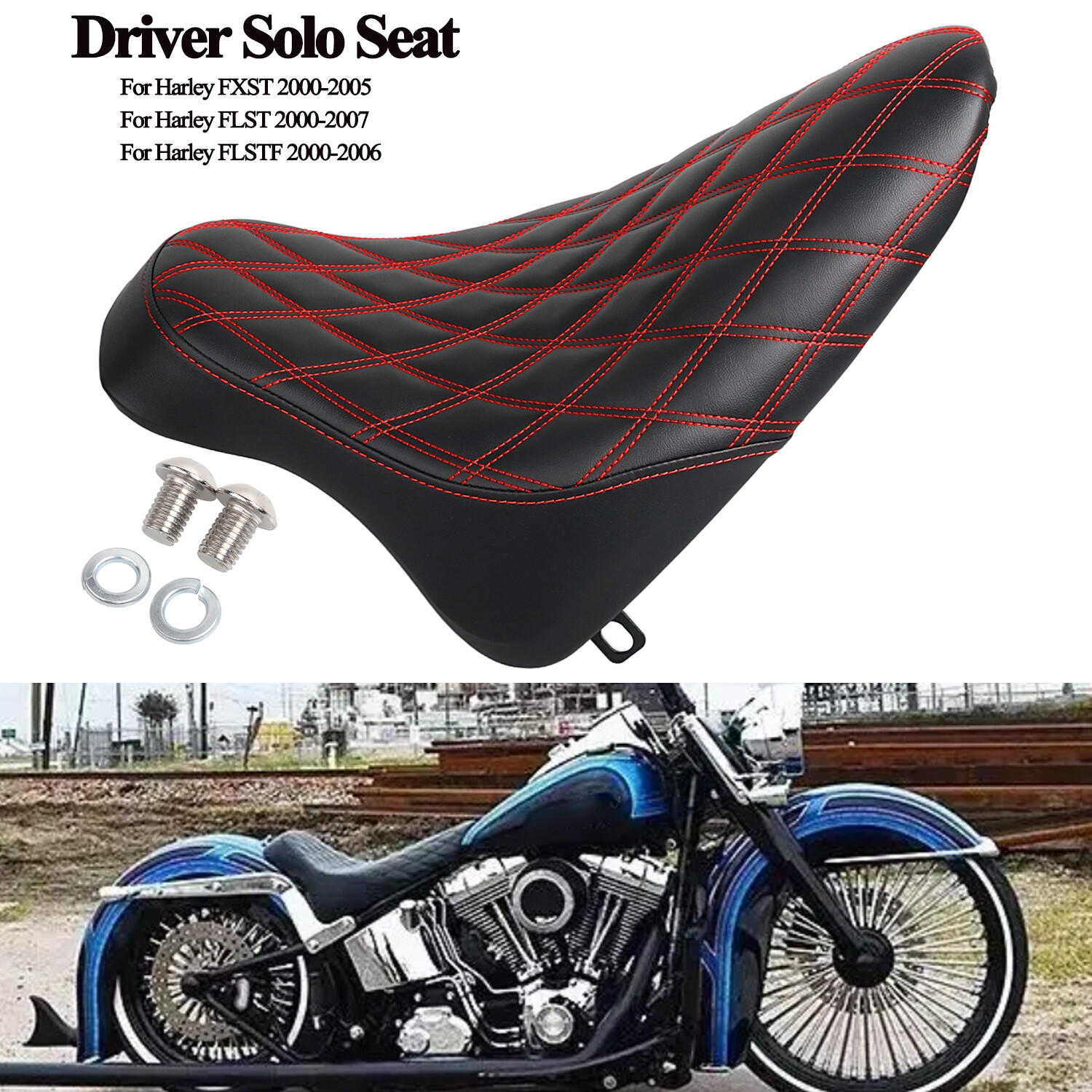 Diamond Red Line Driver Butt Bucket Solo Seat For Harley Softail Standard FXST