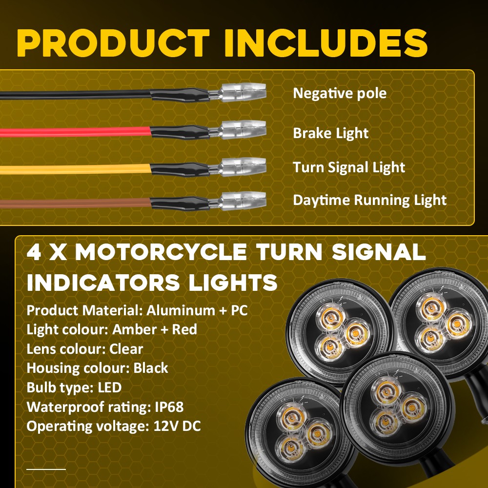 4X Universal LED Motorcycle Turn Signals Running Brake Light Amber Red Black