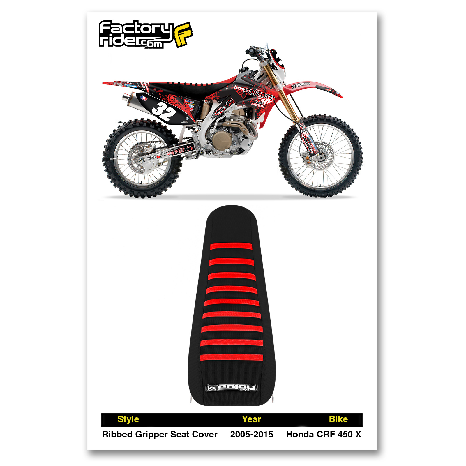 2005 – 2014 HONDA CRF 450 X SEAT COVER by Enjoy MFG ALL BLACK w/ RED RIBS #101