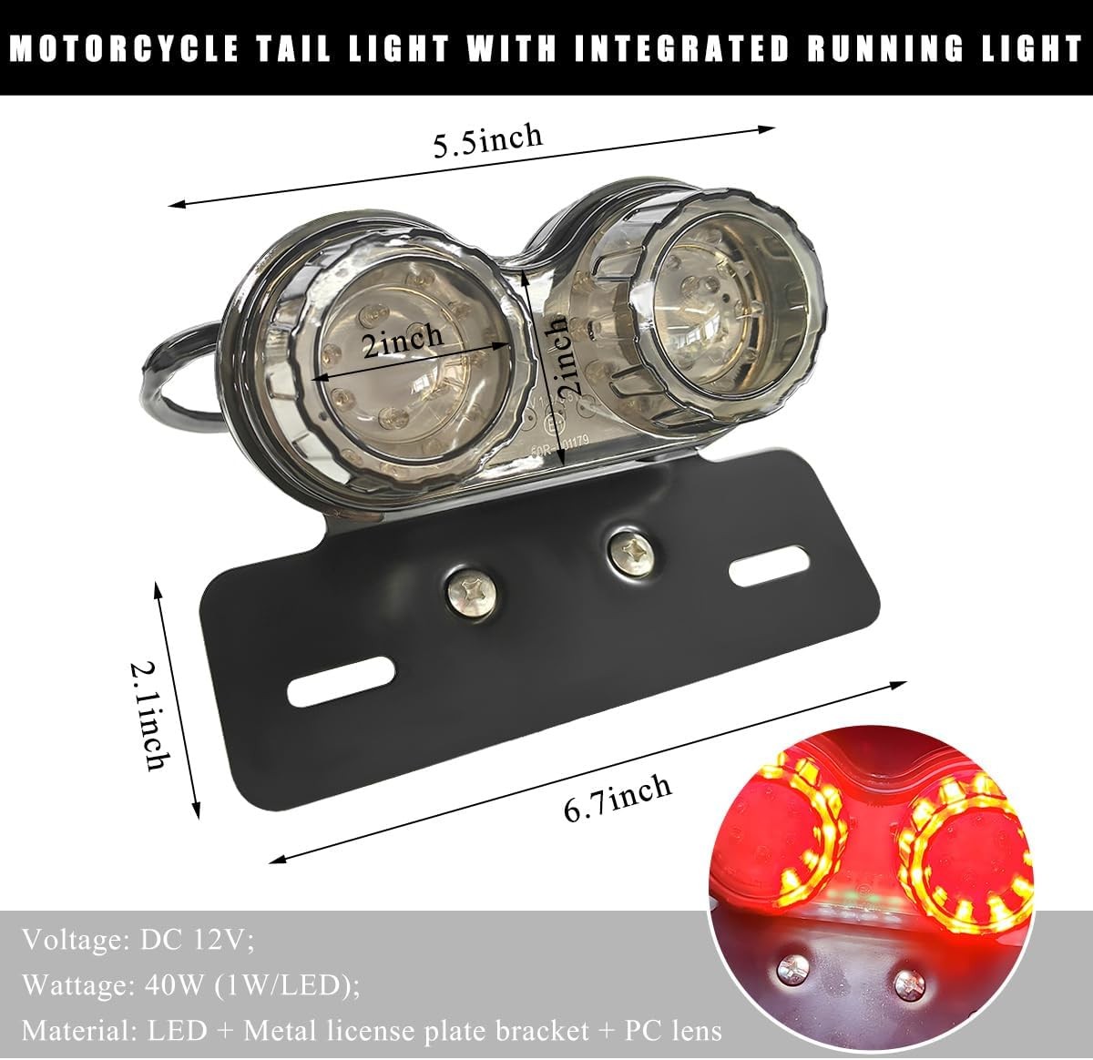 40-LED 40W Motorcycle Tail Light, Integrated Running/Brake/Turn SignColor: Black