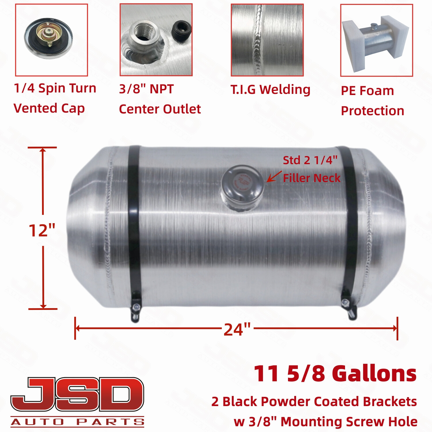 12”x24” 11 5/8 Gallon 3/8” NPT Center Fill Aluminum Spun Fuel Tank Gas Tank